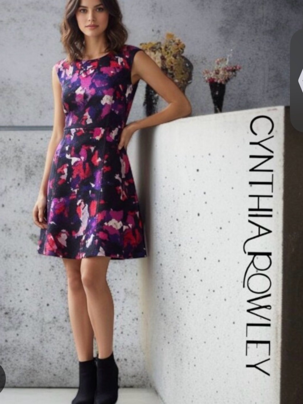 Cynthia Rowley Sleeveless Fit-and-Flare Dress in Purple, Pink & Black